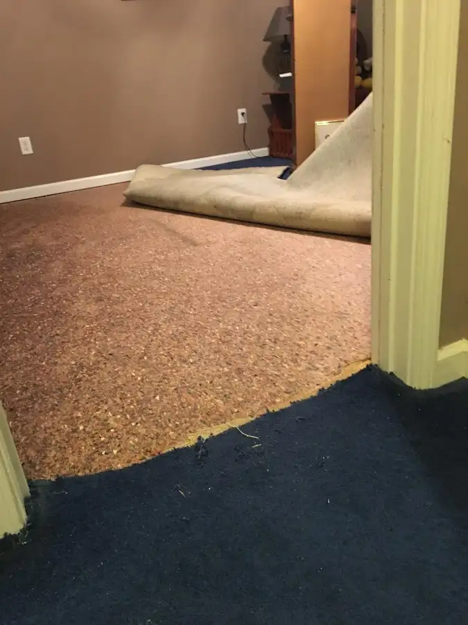 Carpet pad removal revealing water damage during Water Mitigation Services in Pampa